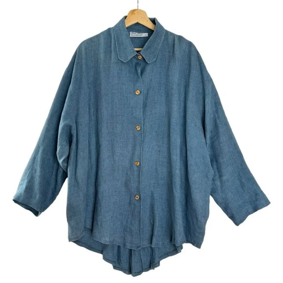 Vintage 80s Louis Simon for La Libellule Blue Linen Button Front Tunic Top - Picture 1 of 8
